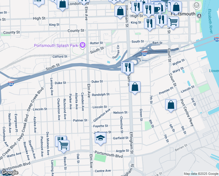 map of restaurants, bars, coffee shops, grocery stores, and more near 1601 Lasalle Avenue in Portsmouth