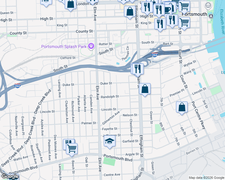map of restaurants, bars, coffee shops, grocery stores, and more near 1608 Maple Avenue in Portsmouth