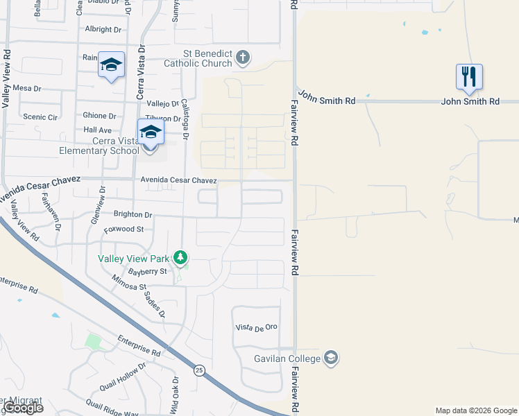 map of restaurants, bars, coffee shops, grocery stores, and more near 660 Fairview Road in Hollister