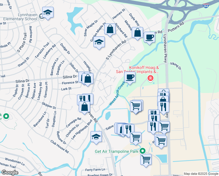 map of restaurants, bars, coffee shops, grocery stores, and more near 523 Pheasant Run in Virginia Beach