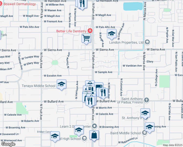 map of restaurants, bars, coffee shops, grocery stores, and more near 787 West Sample Avenue in Fresno
