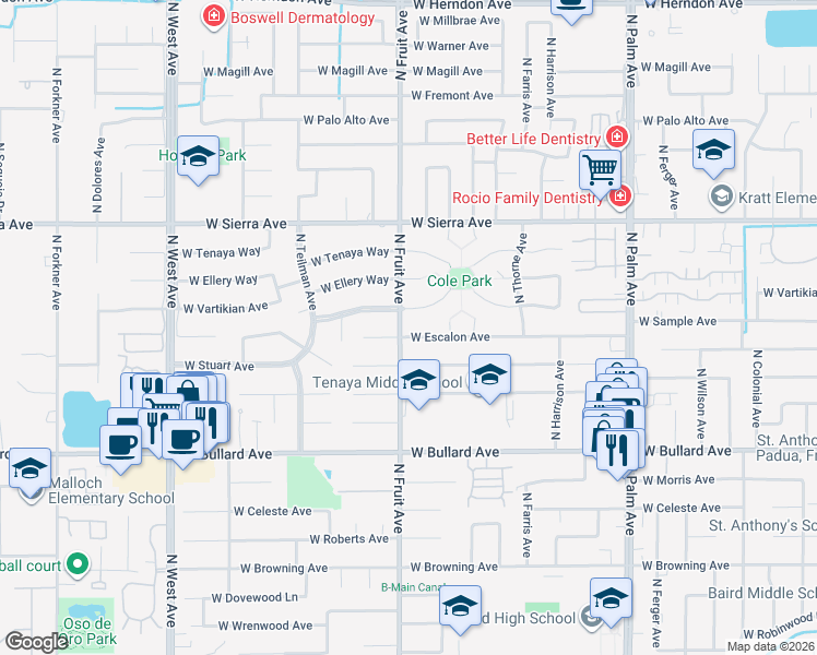 map of restaurants, bars, coffee shops, grocery stores, and more near 6214 North Fruit Avenue in Fresno