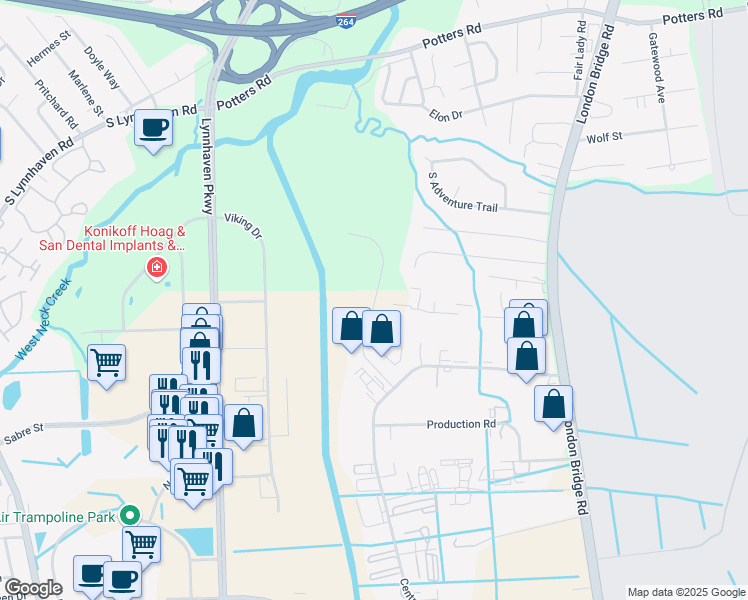 map of restaurants, bars, coffee shops, grocery stores, and more near 489 Progress Lane in Virginia Beach
