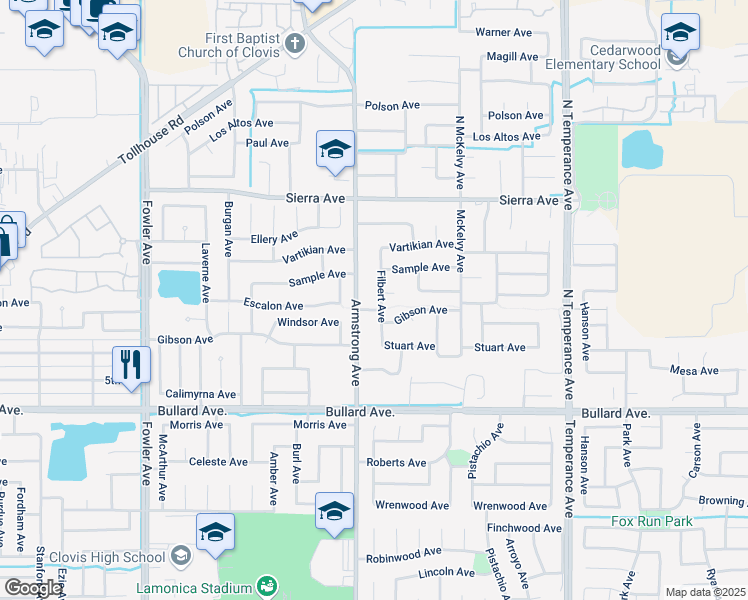 map of restaurants, bars, coffee shops, grocery stores, and more near 294 Filbert Avenue in Clovis