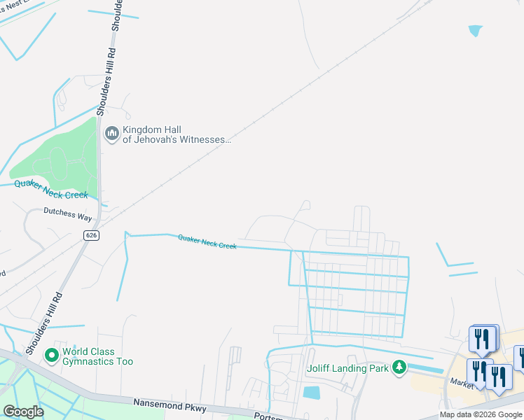 map of restaurants, bars, coffee shops, grocery stores, and more near 5223 Corolla Drive in Suffolk
