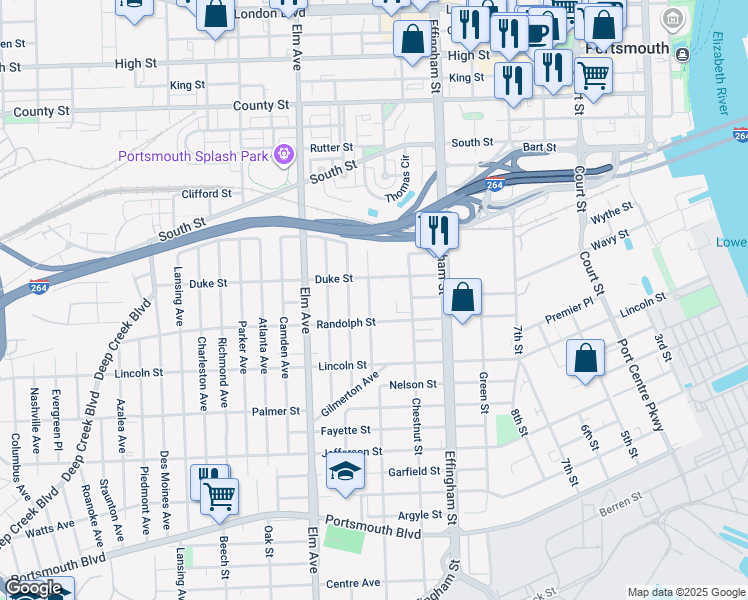 map of restaurants, bars, coffee shops, grocery stores, and more near 1601 Lasalle Avenue in Portsmouth