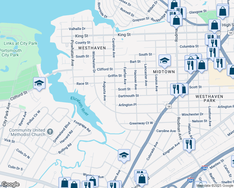 map of restaurants, bars, coffee shops, grocery stores, and more near 4303 Dartmouth Street in Portsmouth