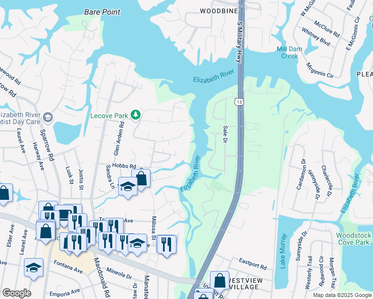 map of restaurants, bars, coffee shops, grocery stores, and more near 796 Kings Creek Drive in Virginia Beach