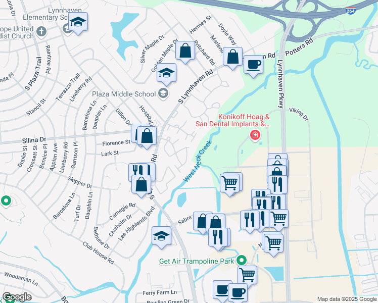 map of restaurants, bars, coffee shops, grocery stores, and more near 514 Pheasant Run in Virginia Beach