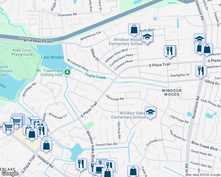 map of restaurants, bars, coffee shops, grocery stores, and more near 3852 Concord Bridge Road in Virginia Beach