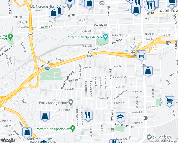 map of restaurants, bars, coffee shops, grocery stores, and more near 1512 Richmond Avenue in Portsmouth