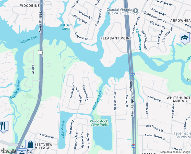 map of restaurants, bars, coffee shops, grocery stores, and more near 6112 Old Point Ferry Lane in Virginia Beach