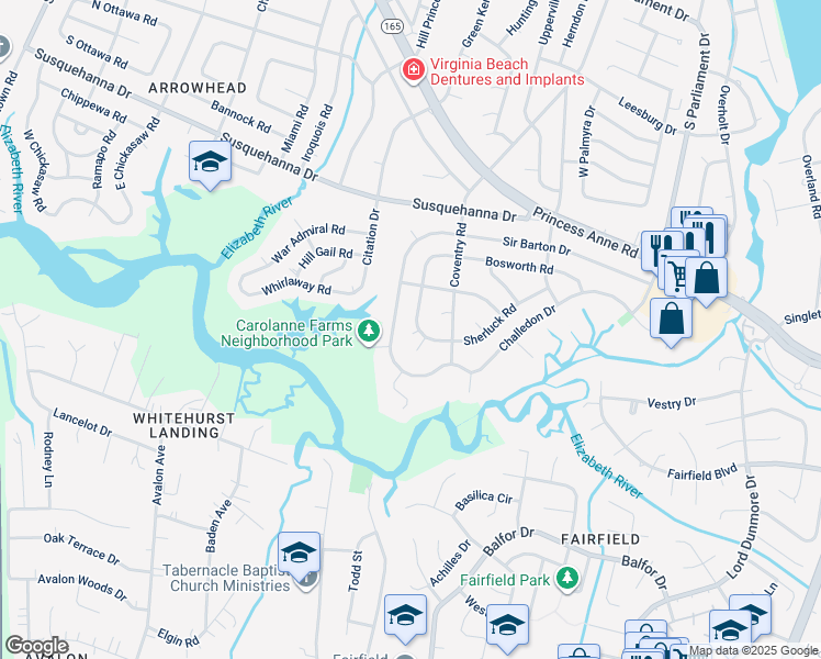 map of restaurants, bars, coffee shops, grocery stores, and more near 341 King Christian Road in Virginia Beach