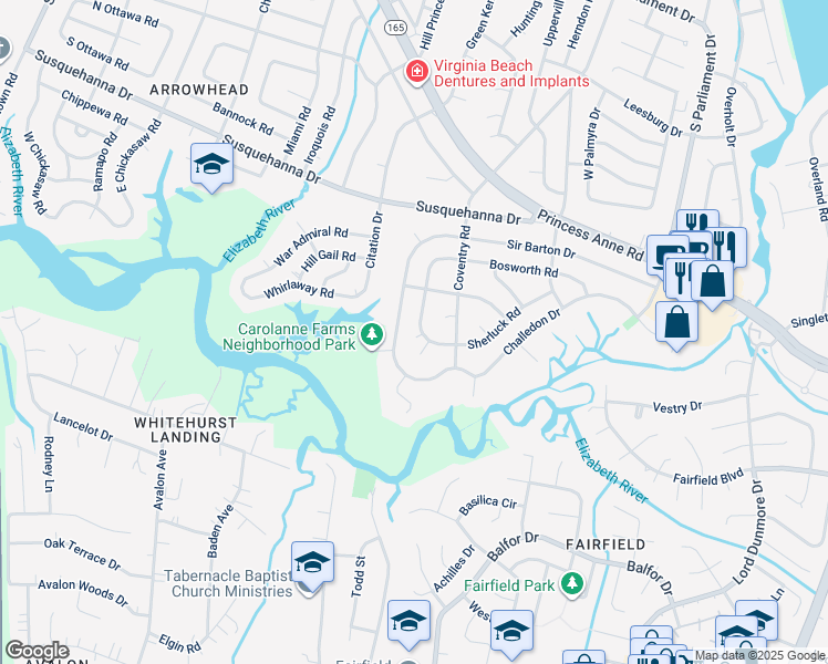 map of restaurants, bars, coffee shops, grocery stores, and more near 341 King Christian Road in Virginia Beach