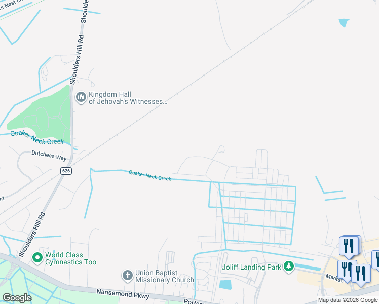 map of restaurants, bars, coffee shops, grocery stores, and more near 5223 Corolla Drive in Suffolk