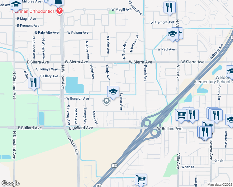 map of restaurants, bars, coffee shops, grocery stores, and more near 615 West Stuart Avenue in Clovis