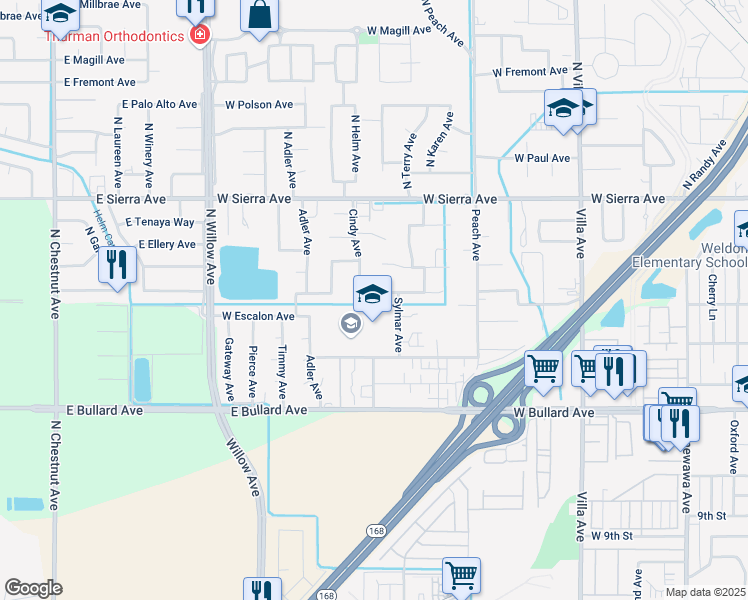 map of restaurants, bars, coffee shops, grocery stores, and more near 615 West Stuart Avenue in Clovis