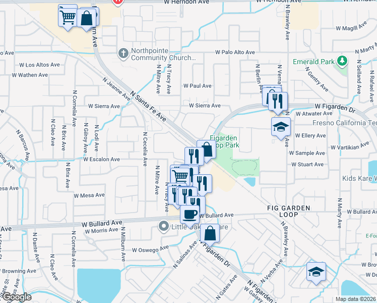 map of restaurants, bars, coffee shops, grocery stores, and more near 6195 North Figarden Drive in Fresno