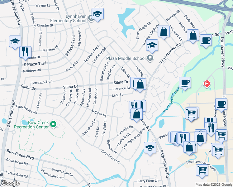 map of restaurants, bars, coffee shops, grocery stores, and more near 3221 Lark Street in Virginia Beach