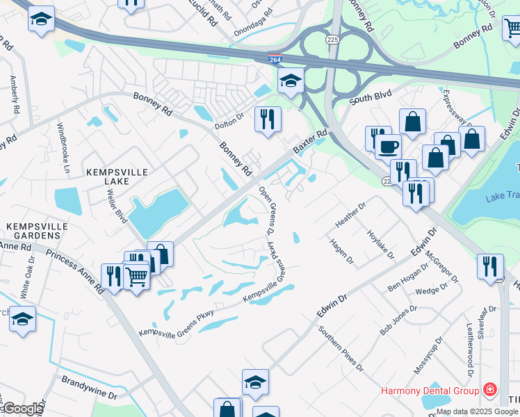 map of restaurants, bars, coffee shops, grocery stores, and more near 4755 Open Greens Drive in Virginia Beach