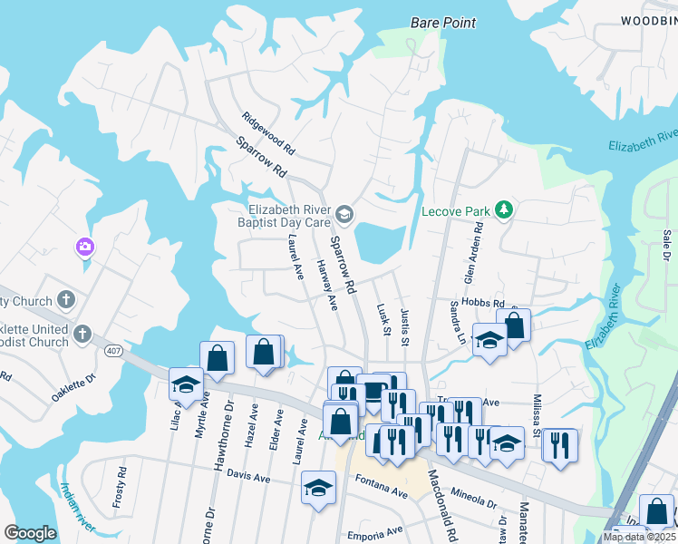 map of restaurants, bars, coffee shops, grocery stores, and more near 620 Sparrow Road in Chesapeake