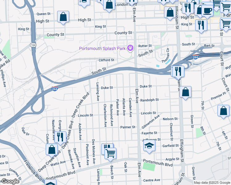 map of restaurants, bars, coffee shops, grocery stores, and more near 1618 Parker Avenue in Portsmouth