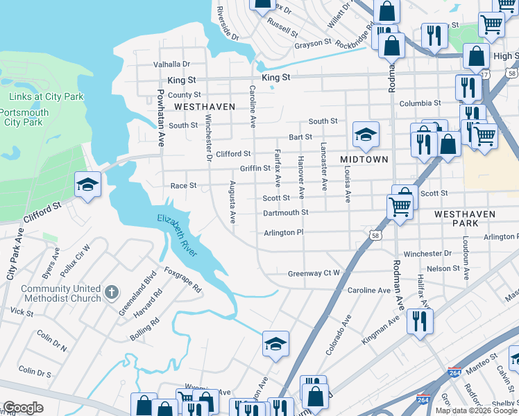 map of restaurants, bars, coffee shops, grocery stores, and more near 4303 Dartmouth Street in Portsmouth