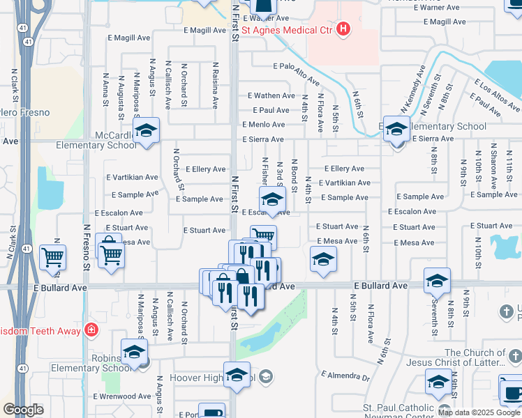 map of restaurants, bars, coffee shops, grocery stores, and more near 1078 East Escalon Avenue in Fresno