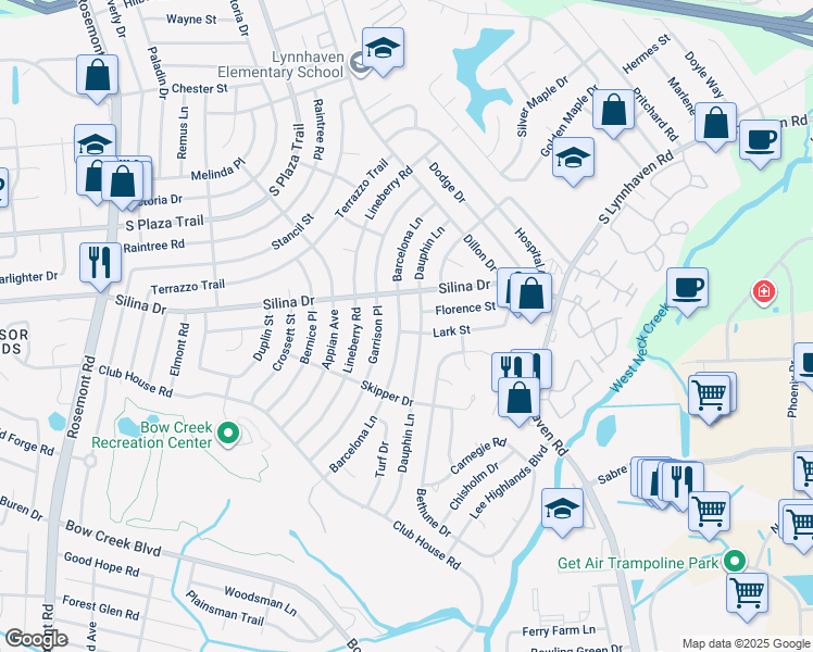 map of restaurants, bars, coffee shops, grocery stores, and more near 416 Barcelona Lane in Virginia Beach