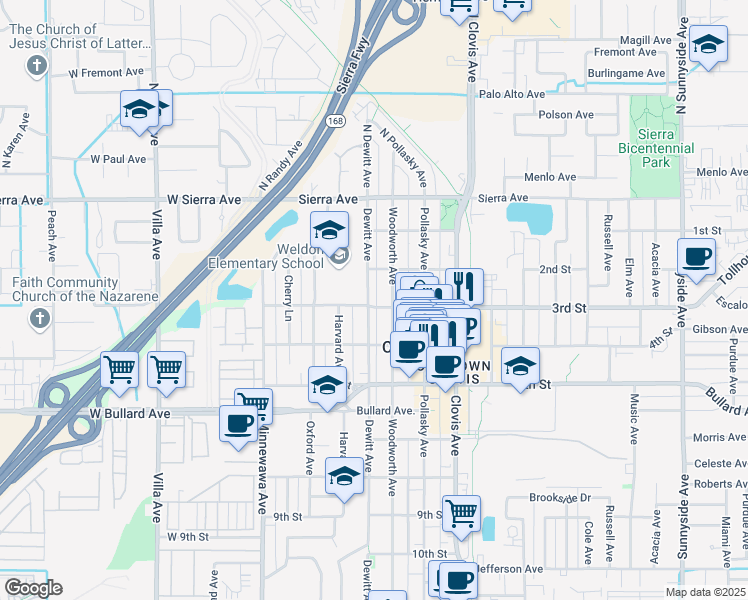 map of restaurants, bars, coffee shops, grocery stores, and more near 255 Dewitt Avenue in Clovis