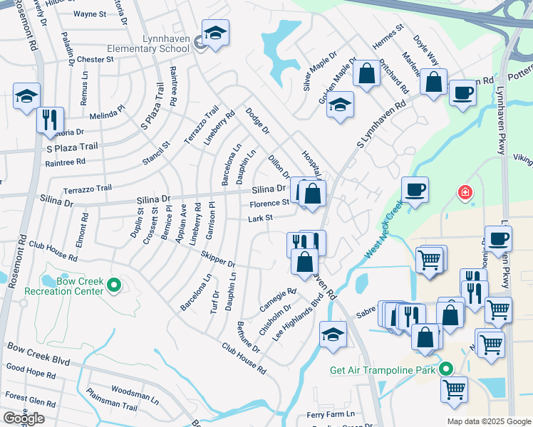 map of restaurants, bars, coffee shops, grocery stores, and more near 3224 Lark Street in Virginia Beach
