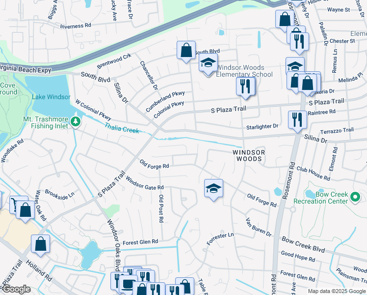 map of restaurants, bars, coffee shops, grocery stores, and more near 3813 Charter Oak Road in Virginia Beach