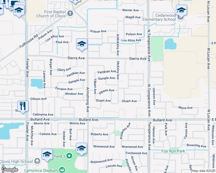 map of restaurants, bars, coffee shops, grocery stores, and more near 2346 Escalon Avenue in Clovis