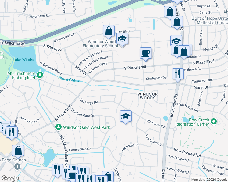 map of restaurants, bars, coffee shops, grocery stores, and more near 405 Red Lion Road in Virginia Beach