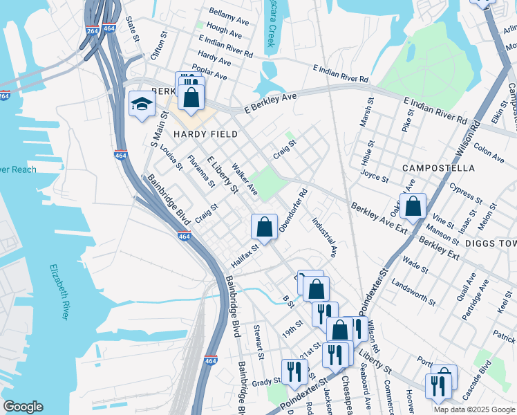 map of restaurants, bars, coffee shops, grocery stores, and more near 720 Appomattox Street in Norfolk