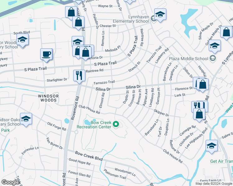 map of restaurants, bars, coffee shops, grocery stores, and more near 3420 Rainey Road in Virginia Beach