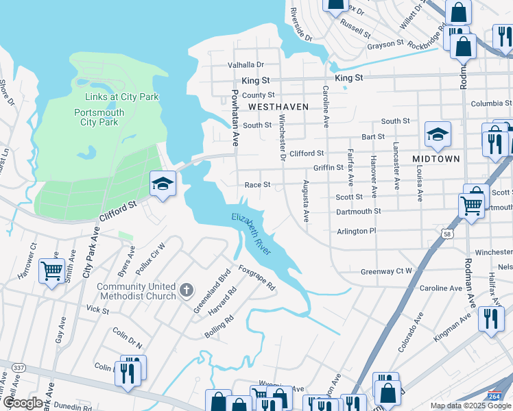 map of restaurants, bars, coffee shops, grocery stores, and more near 1400 Amelia Avenue in Portsmouth