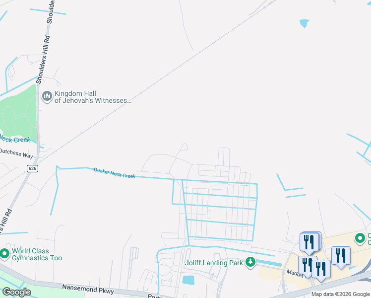 map of restaurants, bars, coffee shops, grocery stores, and more near 2144 Jolliff Road in Chesapeake