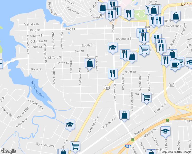 map of restaurants, bars, coffee shops, grocery stores, and more near 3900 Dartmouth Street in Portsmouth