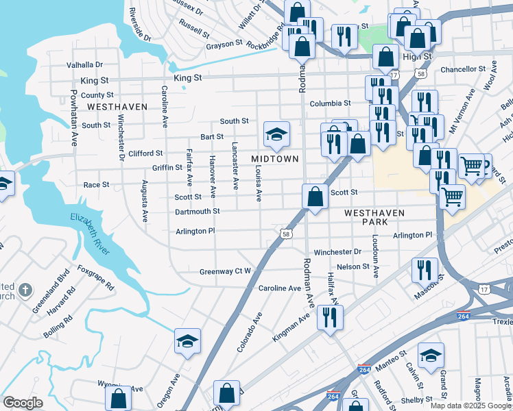 map of restaurants, bars, coffee shops, grocery stores, and more near 3900 Dartmouth Street in Portsmouth