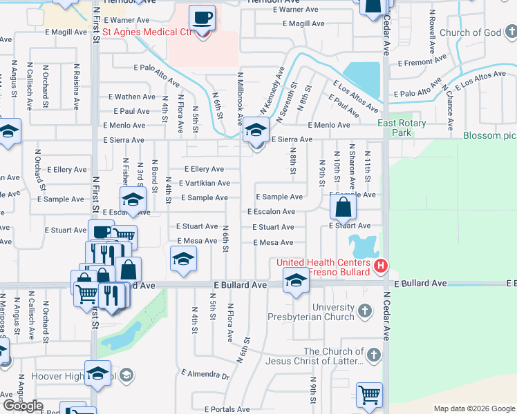 map of restaurants, bars, coffee shops, grocery stores, and more near 1477 East Escalon Avenue in Fresno