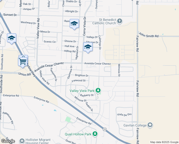 map of restaurants, bars, coffee shops, grocery stores, and more near 1670 Brighton Drive in Hollister