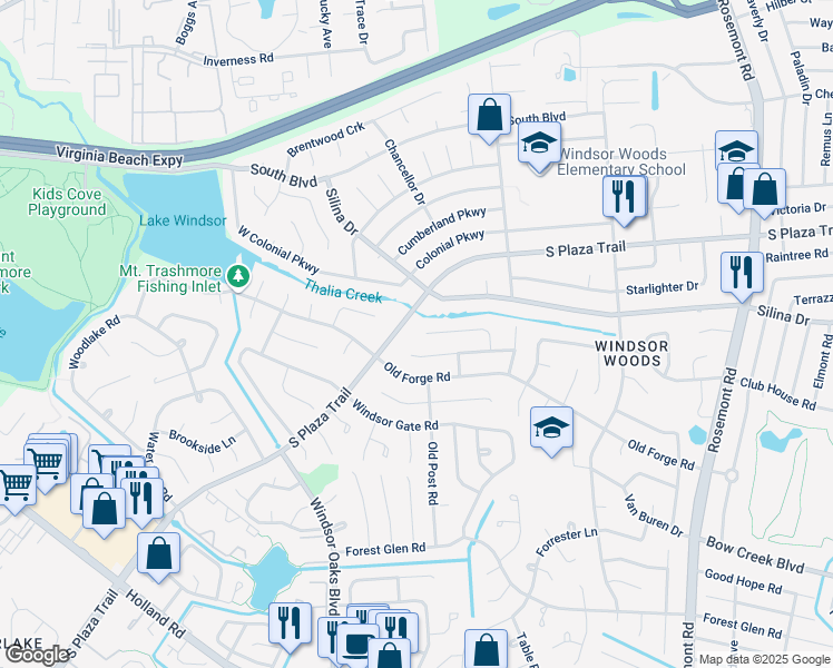 map of restaurants, bars, coffee shops, grocery stores, and more near 3852 Concord Bridge Road in Virginia Beach