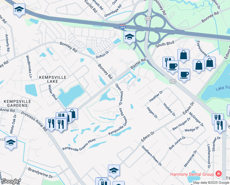 map of restaurants, bars, coffee shops, grocery stores, and more near 4755 Open Greens Drive in Virginia Beach