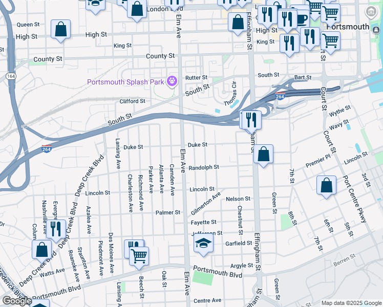 map of restaurants, bars, coffee shops, grocery stores, and more near 1603 Elm Avenue in Portsmouth