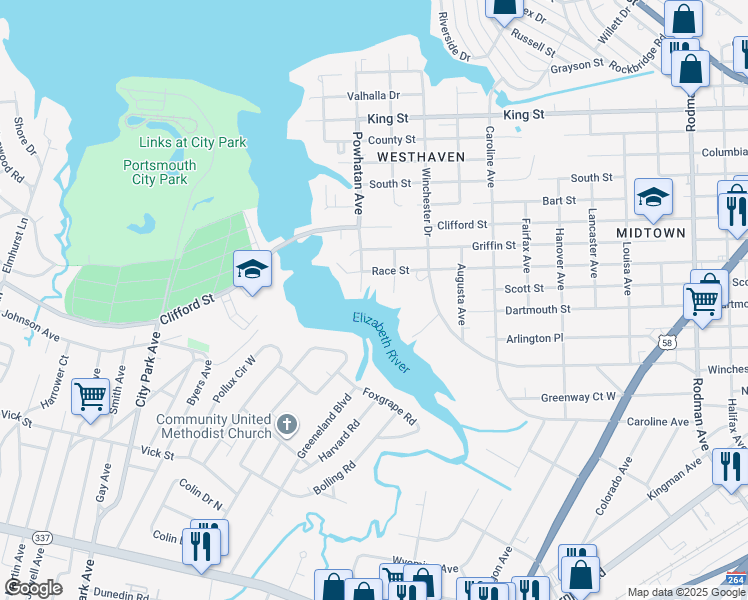 map of restaurants, bars, coffee shops, grocery stores, and more near 1400 Amelia Avenue in Portsmouth