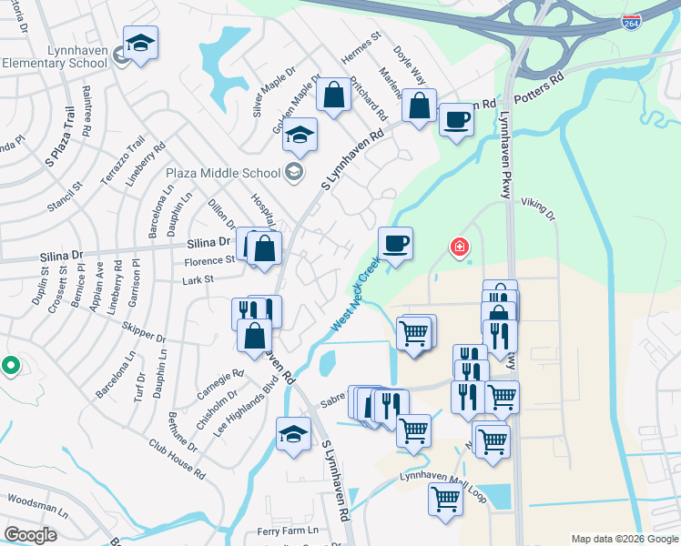 map of restaurants, bars, coffee shops, grocery stores, and more near 502 Pheasant Run in Virginia Beach