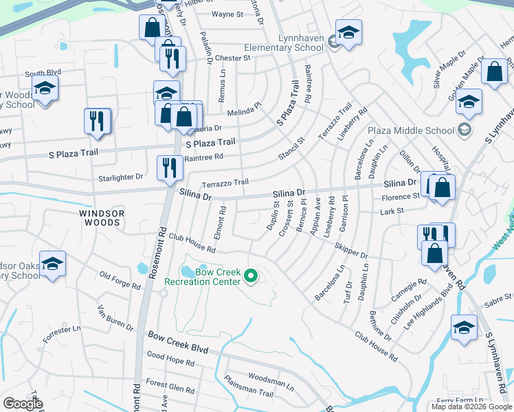 map of restaurants, bars, coffee shops, grocery stores, and more near 3417 Rainey Road in Virginia Beach