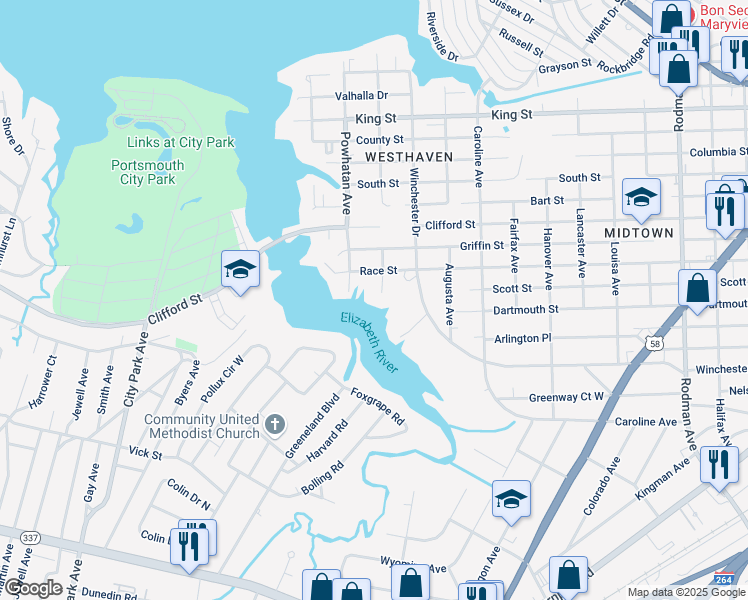 map of restaurants, bars, coffee shops, grocery stores, and more near 1404 Amelia Avenue in Portsmouth