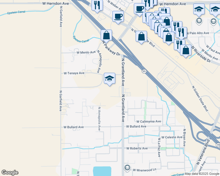 map of restaurants, bars, coffee shops, grocery stores, and more near 6265 North Grantland Avenue in Fresno